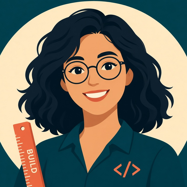 Rebecca, illustrated: a woman with dark wavy hair and round glasses holding a ruler